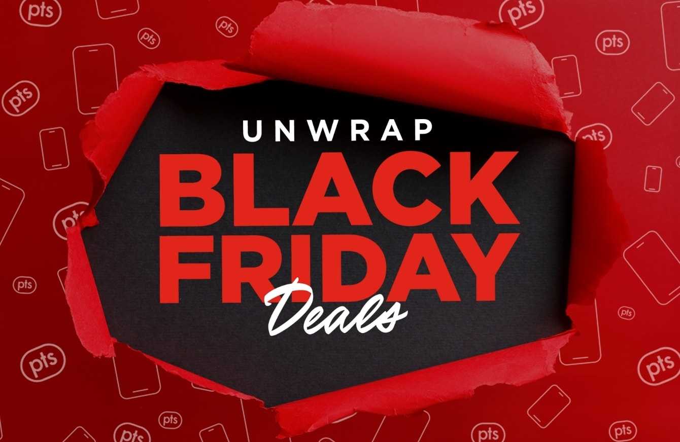 Red wrapping paper with PC Optimum points pattern opens to reveal "UNWRAP BLACK FRIDAY" in black capital letters and "Deals" underneath in glowing white cursive font.